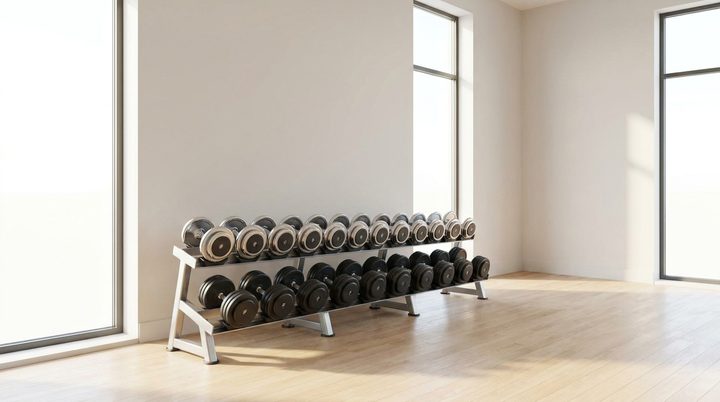 Dumbbells in a sunlit gym